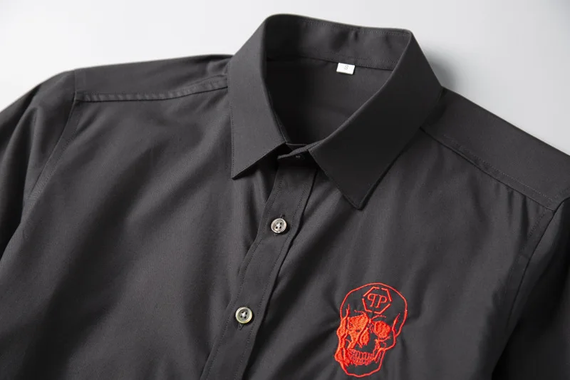 Европейская модная мужская рубашка бренд череп вышивка Chemise homme повседневные мужские рубашки однотонные тонкие рубашки мужские S-3XL