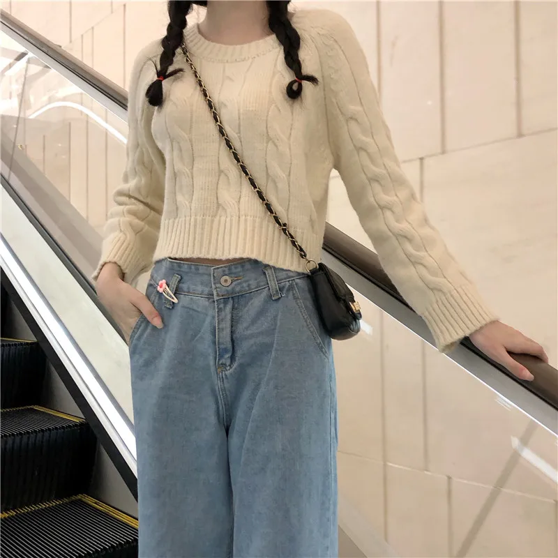 Autumn Winter New Women's Short Pullovers Sweater Twist Knitting Full Sleeve Solid Fashion Vintage Casual Tops T98506D