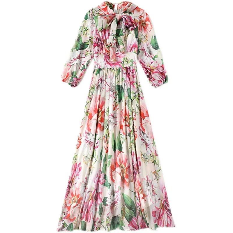 

Floral Dress Women Spring Summer Three Quarter Scarf Collar Print Fairy Midi Maxi Elegant Fashion Chiffon Holiday Woman Dresses