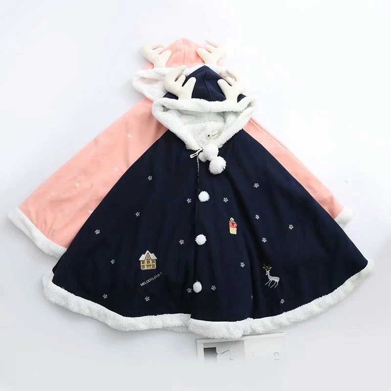 Женская кавайная накидка на Рождество теплое пончо с капюшоном и маленьким