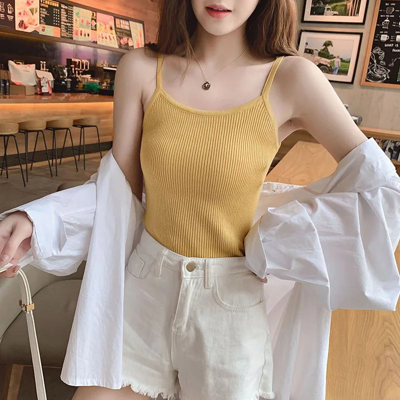

Korean Summer 2020 new Short slim corrugated knitting small sling women chic bottomed versatile vest top