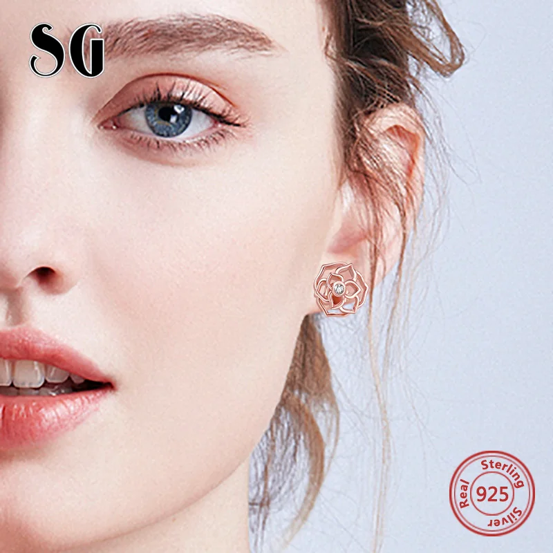 SG 925 sterling silver rose flower stud earrings with white Zircon Hollow earring for women wedding party fashion Jewelry