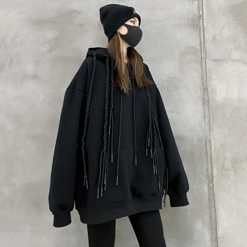 

Size Thick Big Tassels Drawstring Sweatshirt New Hooded Long Sleeve Women Big Size Fashion Autumn Winter 2021 1DD1238