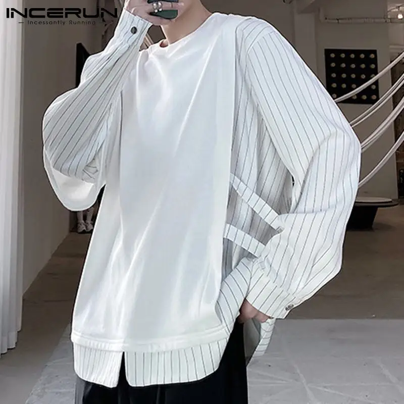 

INCERUN 2021 Fashion Men T Shirt Striped Patchwork Streetwear Crew Neck Long Sleeve Irregular Tee Tops Casual Camisetas S-5XL
