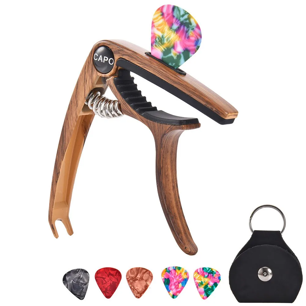

3 In 1 Metal Universal Electric Guitar Capo With 5 Picks&Leather Picks Bag Case For Acoustic Electric Guitars Bass Ukulele