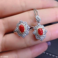kjjeaxcmy fine jewelry natural red coral 925 sterling silver women pendant necklace chain ring set support test exquisite