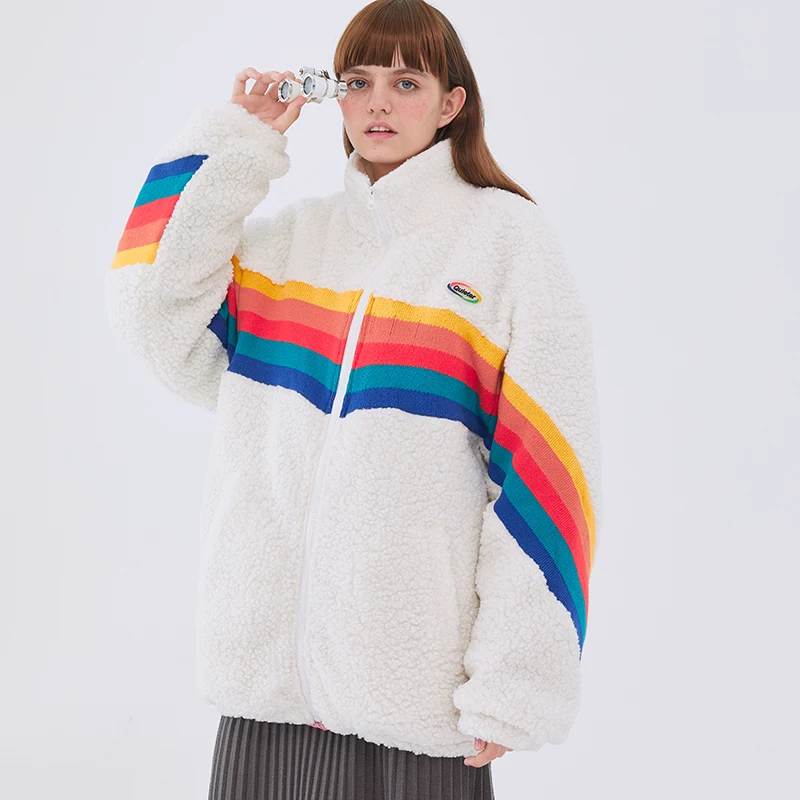 2021 Harajuku Furry Down Jackets Men Rainbow Striped Padded Zipper Coat Streetwear Hip Hop Fashion Winter Outwear Tops Clothing