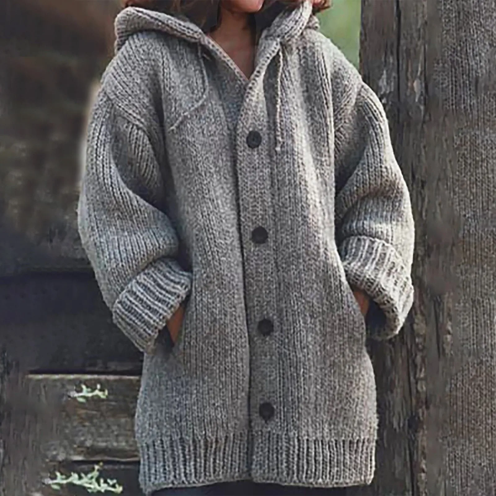 

Модное женское осенне-зимнее однотонное свободное трикотажное однобортное пальто с длинными рукавами и карманами и капюшоном, верхняя оде...