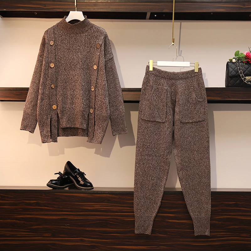 Женский спортивный костюм большого размера плюс вязаный свитер водолазка топ и