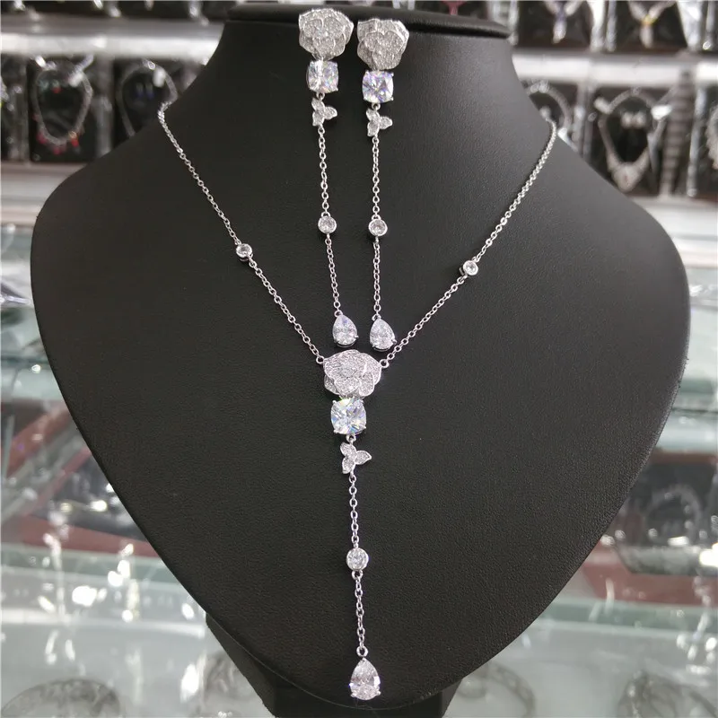 Роскошное ожерелье с кулоном и серьги подвески кристаллами в виде бабочки из