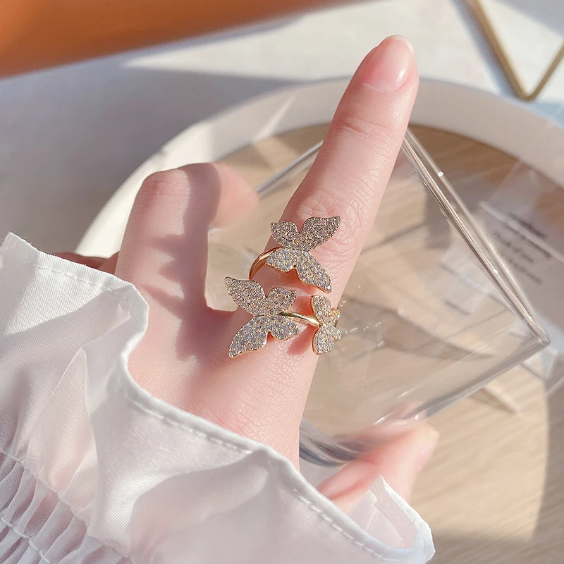 

2021 New Arrive Popular Design 14k Real Gold Butterfly Wings Rings for Women Adjustable Open Advanced Jewelry Bling Zircon Gift