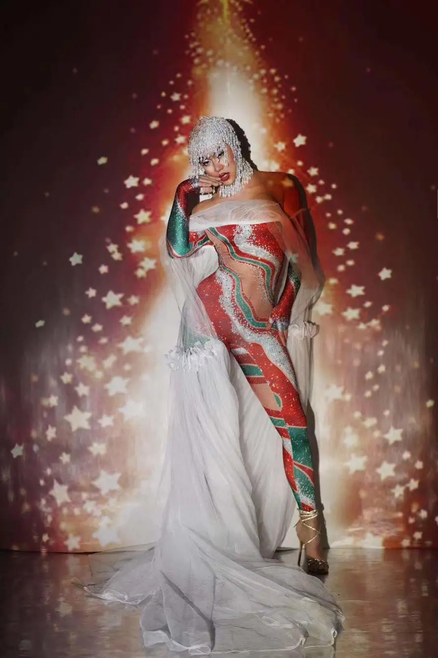 Рождественский женвечерние комбинезон Стразы с красной и зеленой кисточкой