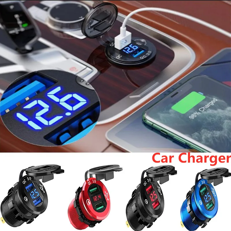

Car Charger 3.0 Dual USB Charger Socket Waterproof Aluminum Power Outlet Fast Charge with LED Voltmeter for 12V24V Car Charger
