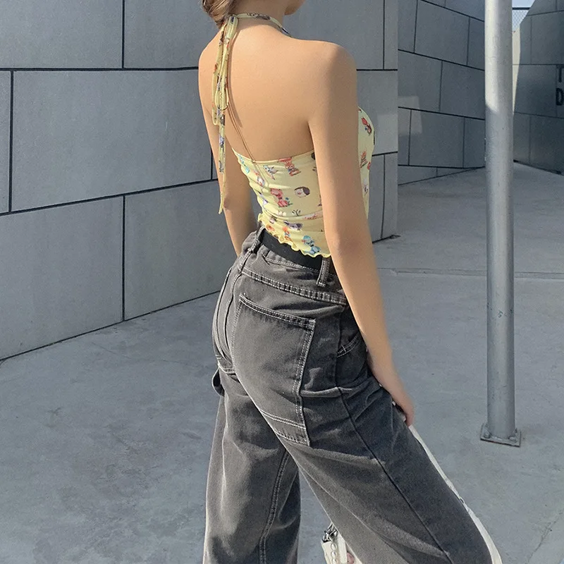 

2021 Halter Printed Tank Tops Cute Ruffle Trim Hem Mesh See Through Summer Sleeveless Vest Cami Top Summer Fashion Clothing