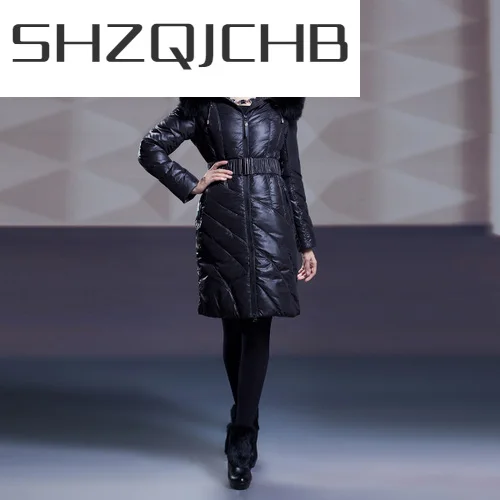 

SHZQ зимняя куртка Женский пуховик Женская куртка на белом утином пуху женские длинные пальто теплая одежда с капюшоном из меха енота 2021 136107