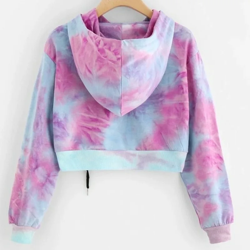 

Purple Tie-Dye Drawstring Hoodies Women Three Quarter Brand Design Streetwear Vintage Short Fashion Spring Clothes Hip Hop Style