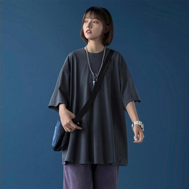 

2021 New Summer Solid Cotton Short Sleeve Women Loose Harajuku T Shirt Loose Top Design Half-sleeved T Shirt