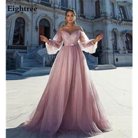 eightree pink glitter boho wedding dresses lace sequines sashes beach a line bridal gown pleated puff sleeve country bride dress
