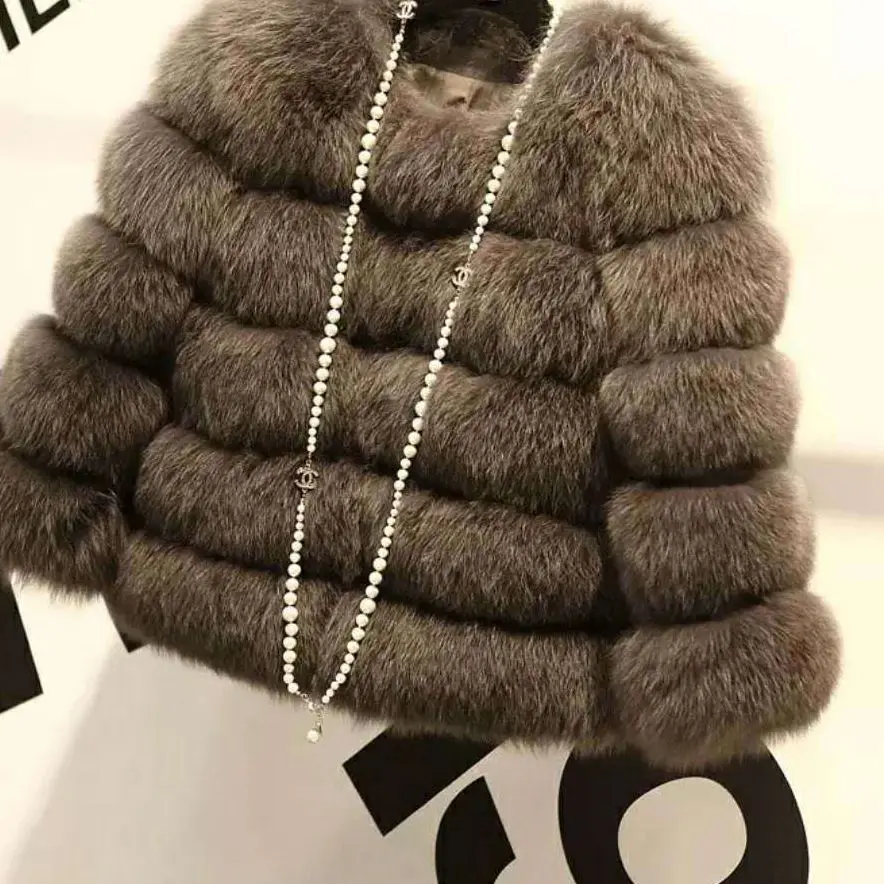 

Women's fur coat faux fox jacket plus size thickening warm pink black gray winter jacket