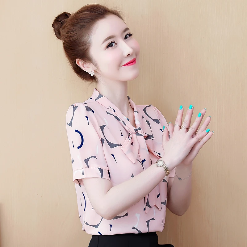 

2021 Summer New Short-Sleeved Printed Bow V Collar Chiffon Blouse Korean Style Fashion Women Blouses Blusas Mujer 9300 50
