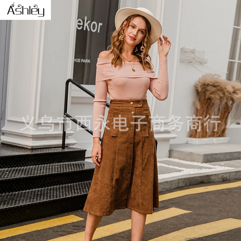 

Ashley A-line corduroy skirt women Autumn winter vintage solid female midi skirt Elegant high waist sash women skirt 2020