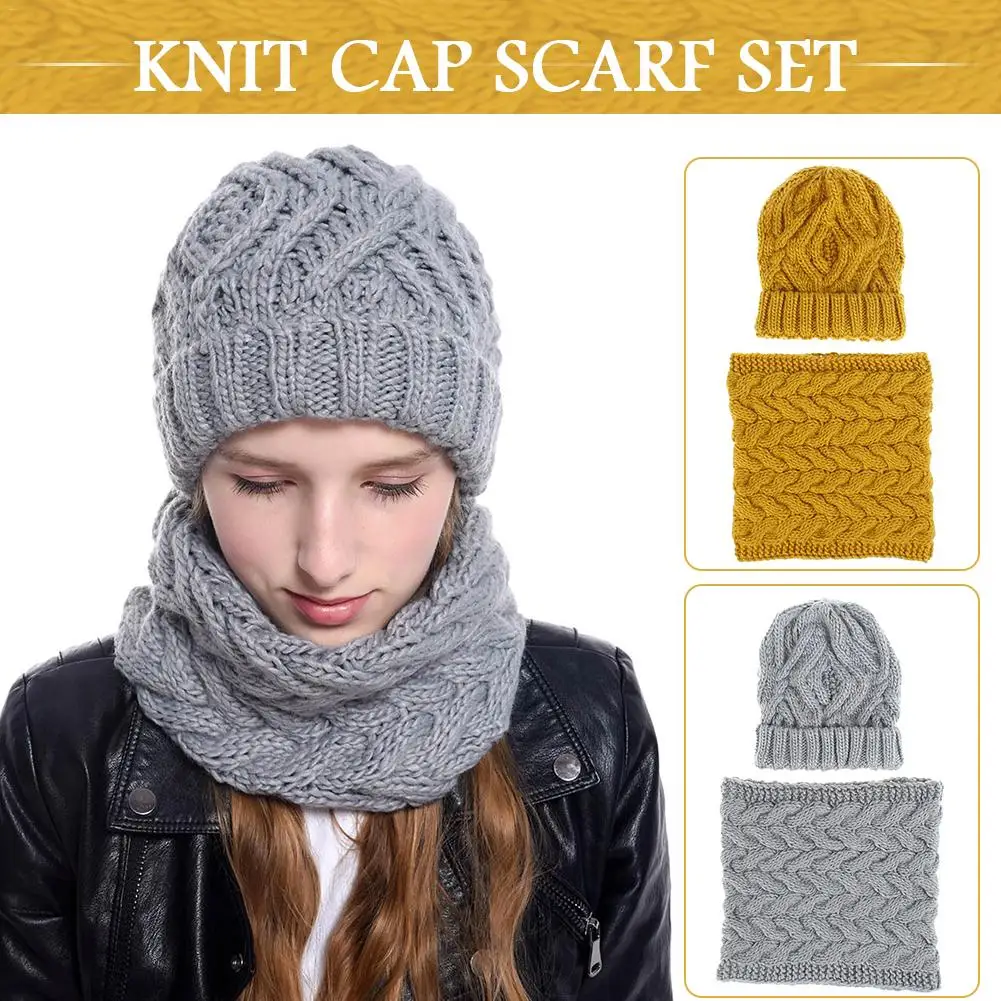 

2019 New Knitted Winter Hat Scarf Set Women Thick Cotton Beanies And Ring Scarf Female Knitted Winter Accessories Girls Gift