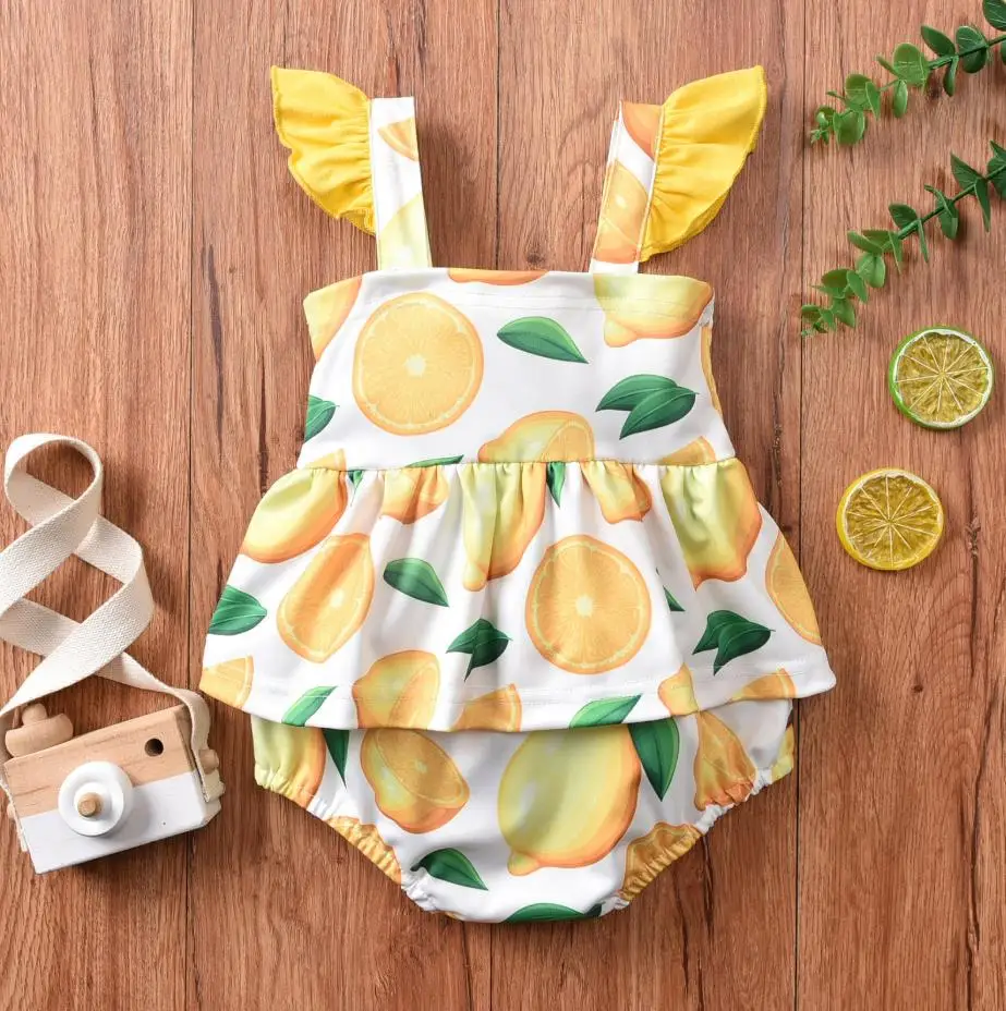 

BabyToddler Summer Romper Watermelon/Lemon Print Ruffled Sleeveless Jumpsuit with Bowknot Baby Girls Rompers 0-12 Months