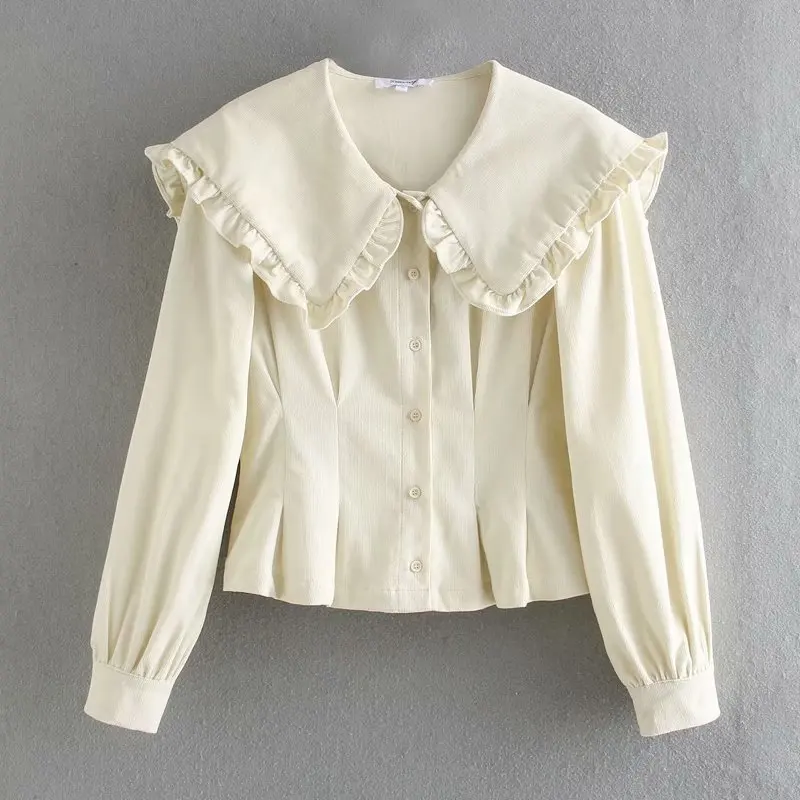 

Ladies Solid Color Corduroy Shirt High Quality Slim Fit Blouse Long Sleeve Square Neck Top