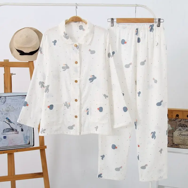 Свежий кактус хлопок марля Весенняя Пижама наборы для женщин уютная