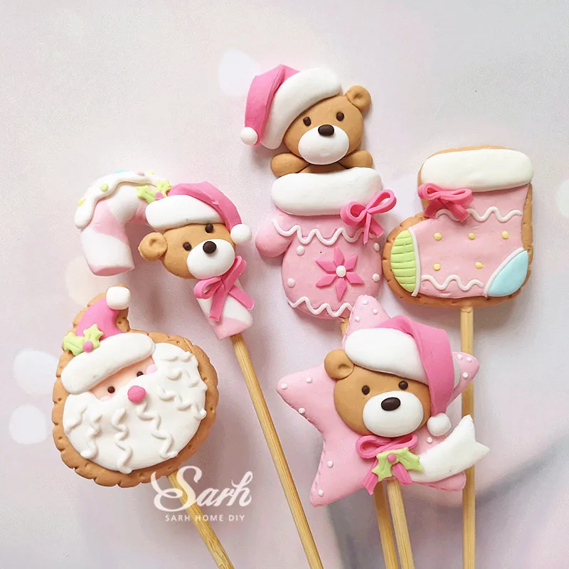 Розовая перчатка медведь Санта Клаус рождественские топперы для торта снеговик