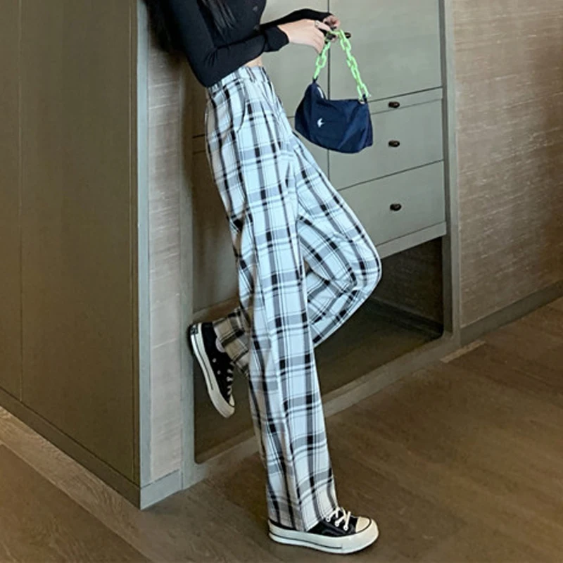 

Spring Women's Korean HK Style Plus Size Straight Plaid Thin Long Pants High Waist Wide Leg All-match Loose Casual Pants B15307X