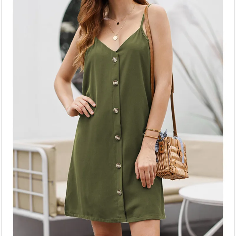 

2020 New Arrival Women Spaghetti Staps Dress Casual Sexy V-neck Single Breasted Mini Dress