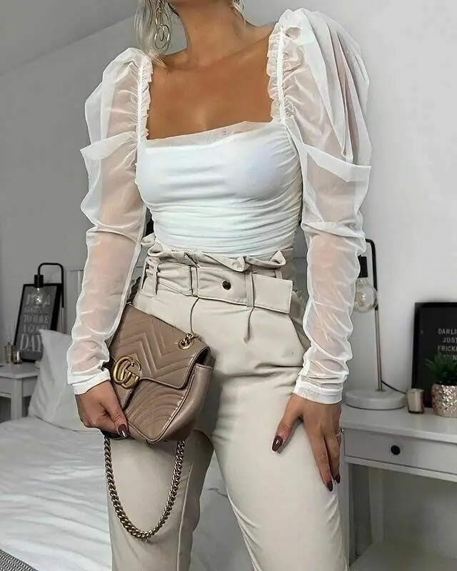 Новинка, Брендовые женские блузки, Прозрачная Футболка, топы, повседневные, тонкие, в сетку, с длинным рукавом, с буфами, одноцветные, прозрачные, Осенние, обтягивающие, модные, хит