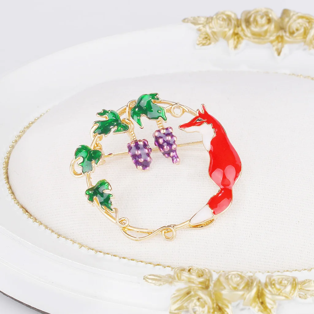 Красные Броши с лисой Виноград Эмаль Булавка для женщин и мужчин брошь унисекс