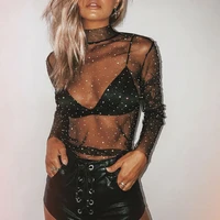 sexy mesh top women see through t shirts summer beach cropped long sleeve rhinestone fashion ladies clothes