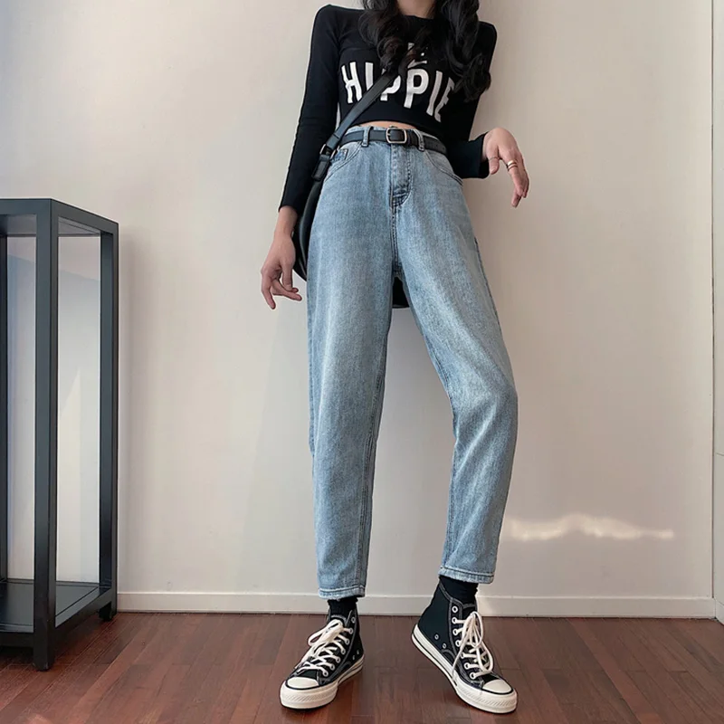 

Женская обтягивающая модель для похудения свободные прямые штаны-шаровары бронзового цвета шикарные модные джинсы с высокой талией, укоро...