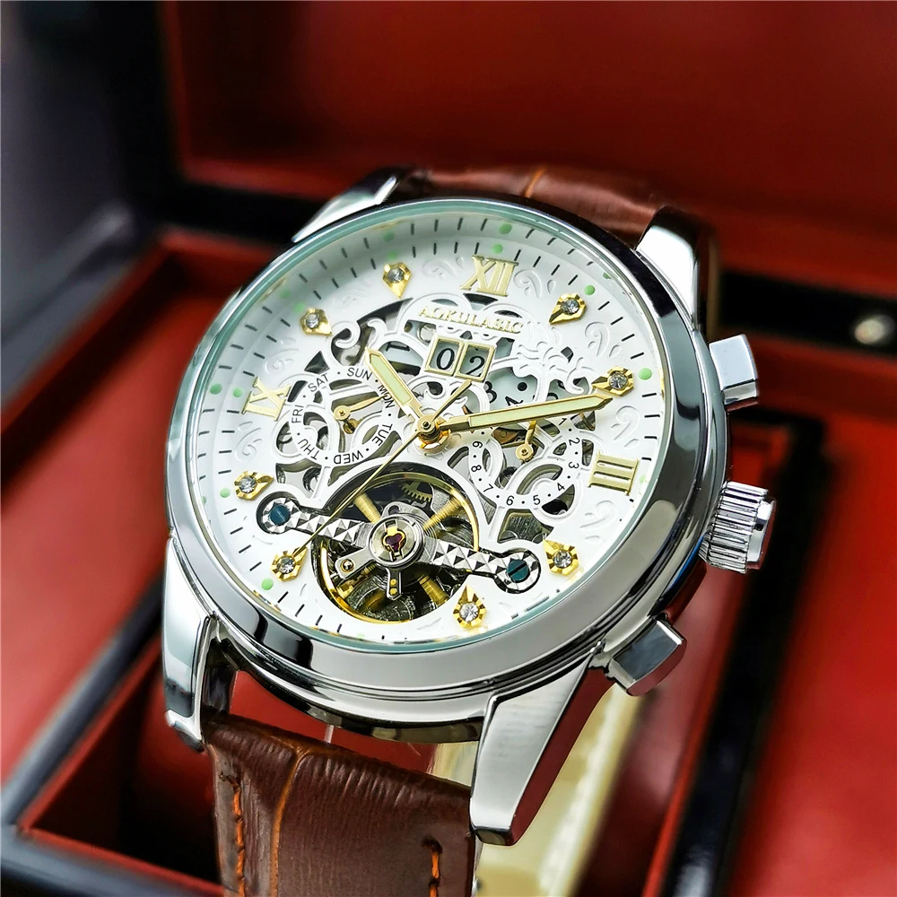 

AOKULASIC Men Automatic Watch Mechanical Tourbillon Skeleton Watches Mens Luxury Waterproof Multi functional Relogio Masculino