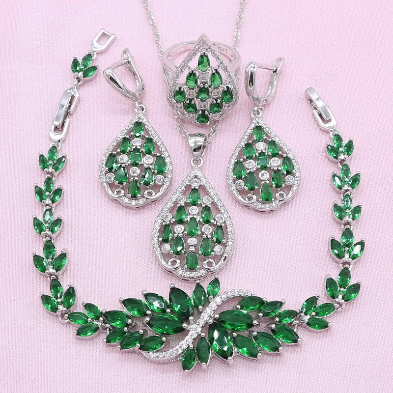 

New 925 Silver Jewelry Sets for Women Green Semi-precious Bracelet Earrings Necklace Pendant Ring Bridal Wedding Jewelry 4PCS