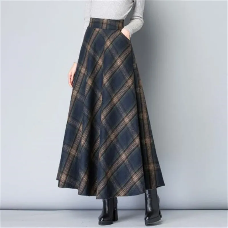 

Mom High Waist Woolen plaid Skirts 2019 Autumn Winter Women's Plus Size Wool Maxi Skirts Female Fashion Casual Long Streetwear