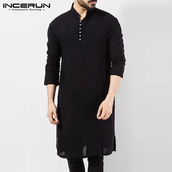 INCERUN Men Casual Shirt Cotton Long Sleeve Stand Collar Vintage Solid Stitched Long Tops Indian Clothes Pakistani Shirt S-5XL 2