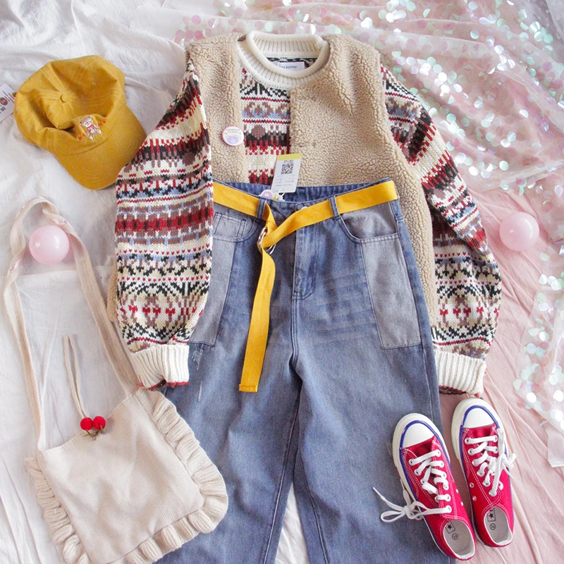 Зимние Для женщин ретро жаккардовый свитер молодая девушка студентка Harajuku Стиль