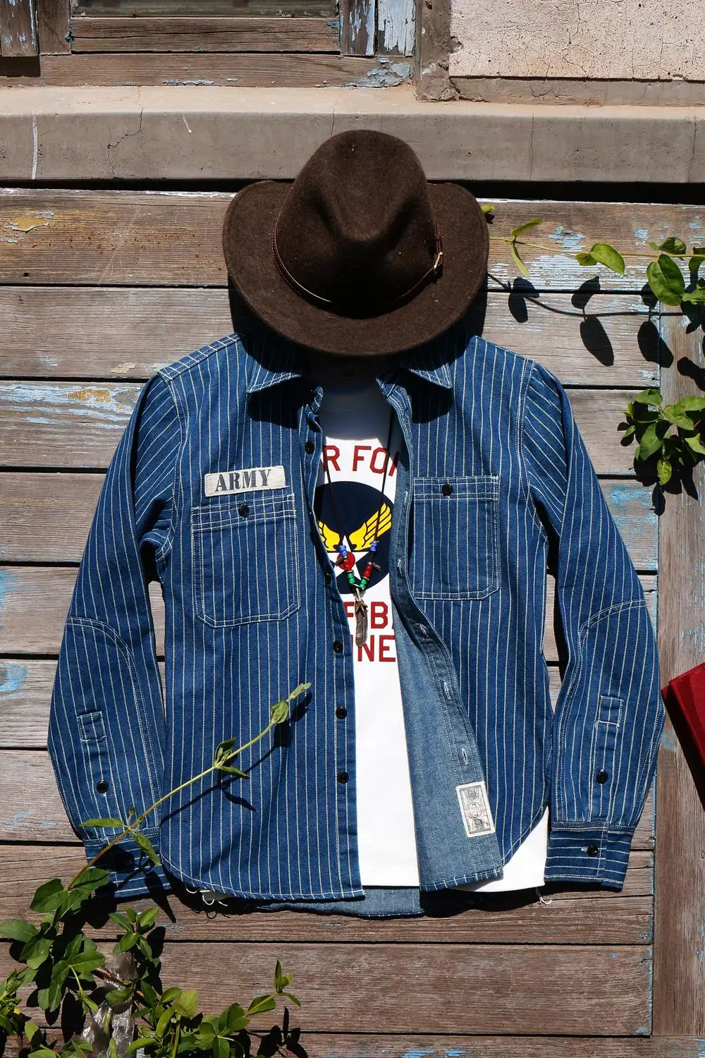 

American-Style Vintage Railway Striped Tooling Long-Sleeve Denim Coat Shirt