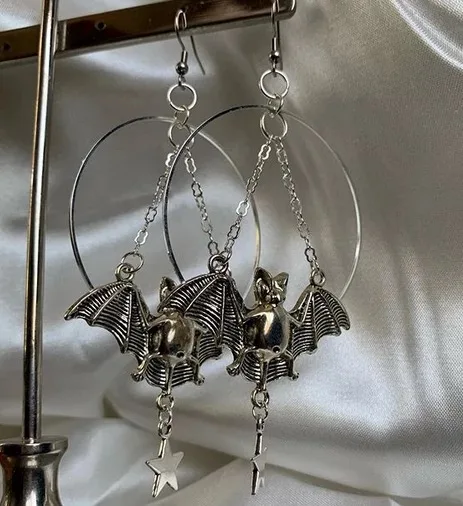 

Halloween Moon , Star and Bat Dangle , Star and Bat Earring , Hoops Earrings