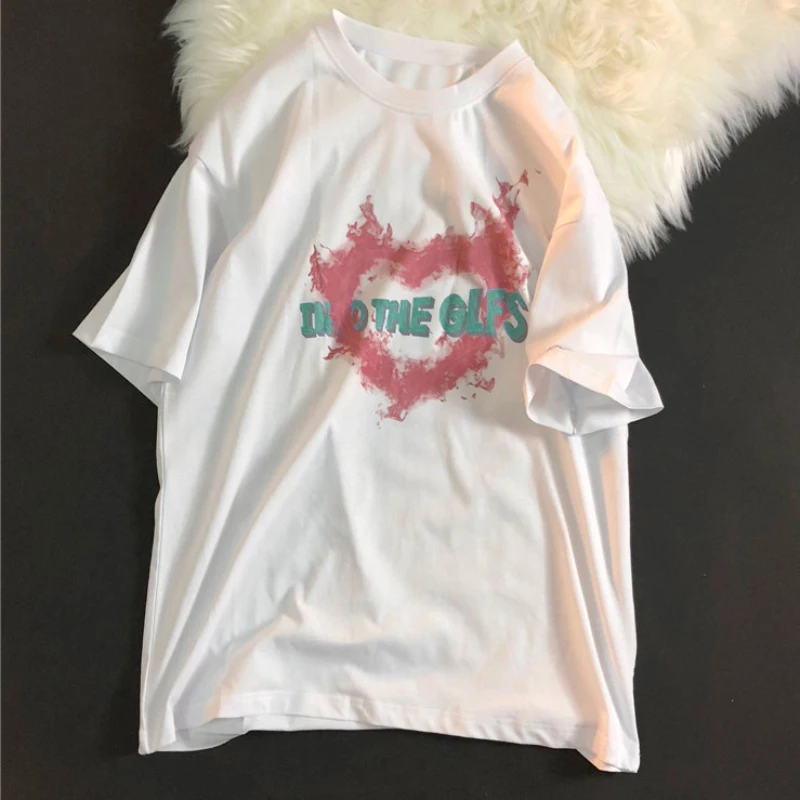 

JMPRS Свободная Женская футболка с принтом в виде надписи «Love»; Летние модные футболки для девочек на каждый день с круглым вырезом с коротким...