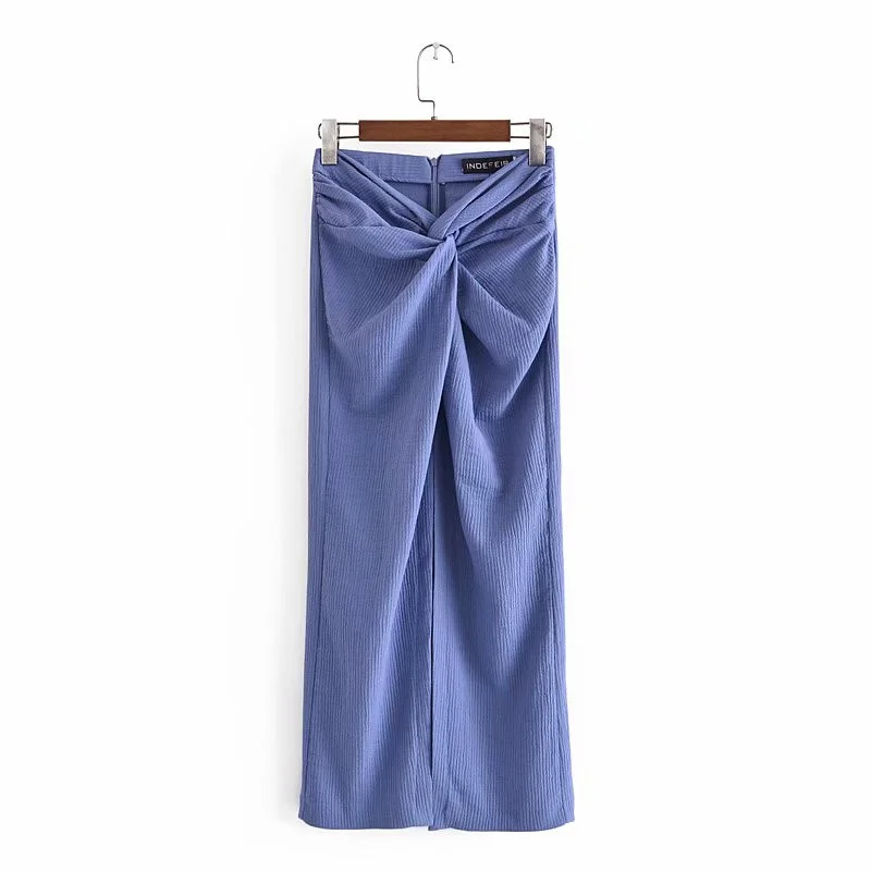 

2021 High Waist Print Ruched Summer Skirt Women Textured Knot Vintage Midi Blue Skirts Woman Chic Back Zip Slit Elegant Skirt