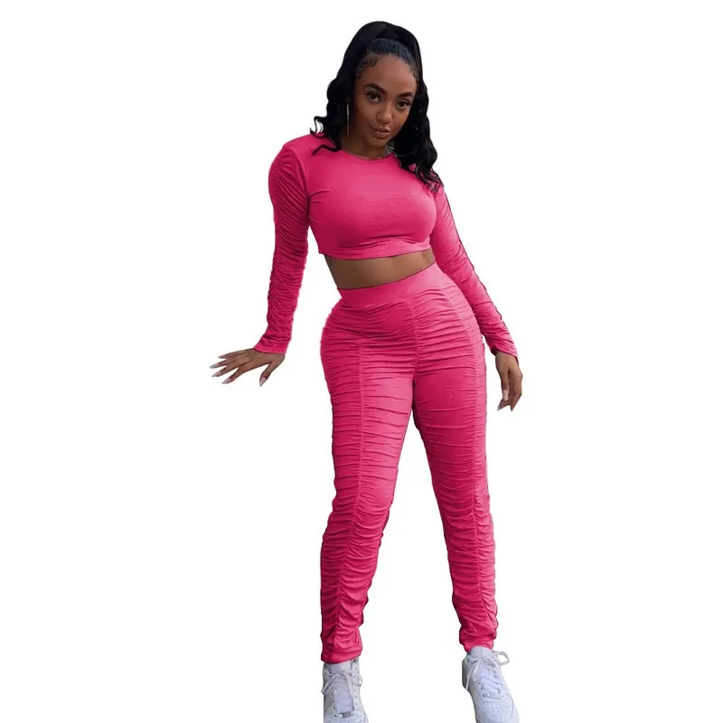 

FIXSYS Stacked Pant Sets Women Fall Clothing 2020 Long Sleeve Crop Top & Pants Sexy Solid Color Outfits Two Piece Matching Set