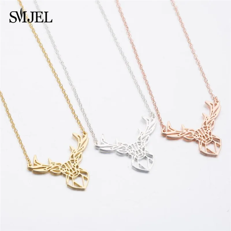 

Punk Elk Deer Antlers Pendant Necklace Women Stainless Steel Origami Geometric Animal Necklace For Christmas Gifts Child