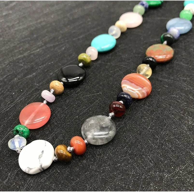 

Natural Stone Agate Crystal Semi-precious Stone Beads Necklace Colorful Knotted Round Flat Necklace DIY Jewelry Accessories