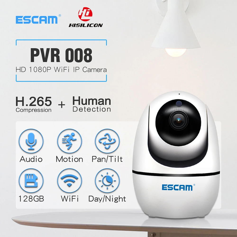 

Humanoid Tracking ESCAM PVR008 Security Wifi Camera 2MP 1080P Wireless PTZ Camera Motion Detection P2P Mini IP Camera