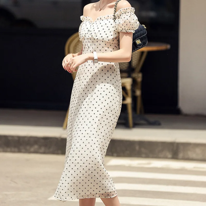 

High Quality Elegant Short Sleeve Dot Midi Dress Women Summer Sexy Off Shoulder Beach Dress Female Vestidos 2021sukienki Damskie